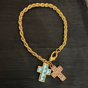 Gold tone Chain Bracelet with Blue and Pink Cross Charms - Women's Jewelry